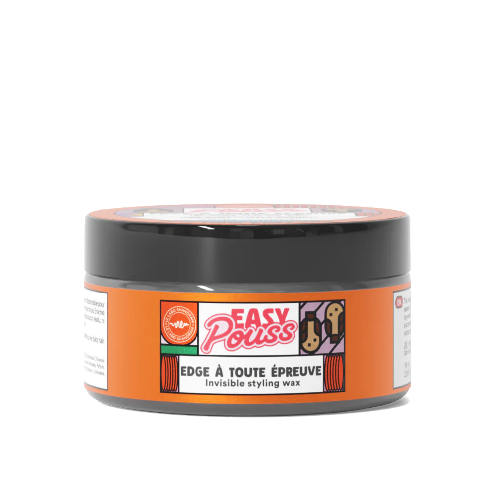 Pot de Cire Coiffante Invisible Easy Pouss Edge 100 ml avec une étiquette orange et un couvercle noir sur fond blanc. dakar