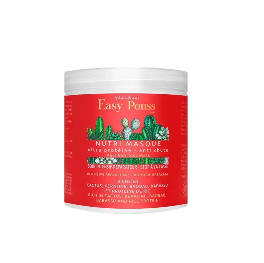 Un contenant blanc de "Easy Pouss Nutri Masque Ultra Proteiné Anti Chute Karité Baobab Proteine de Riz 250 ml" avec une étiquette rouge comportant des cactus et des détails de soins capillaires en français. dakar