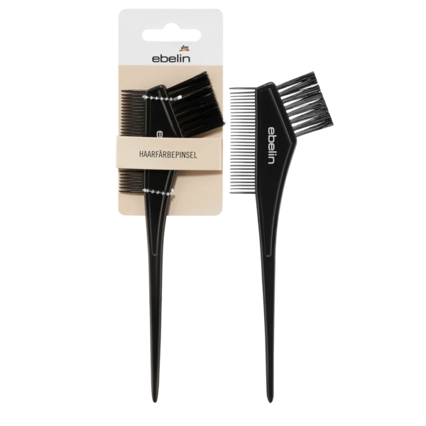 Deux brosses Ebelin Brosse de Coloration des Cheveux noires aux poils fins et au manche pointu sont présentées sur une carte beige avec le logo "ebelin". Une brosse est sortie de son emballage et placée à côté, prête à ajouter un style inspiré de l'essence vibrante de Dakar. Dakar