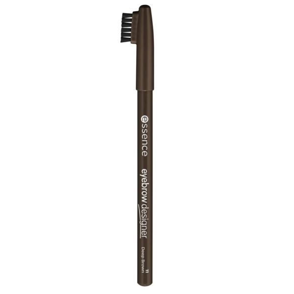 Un crayon marron foncé "Essence Cosmetics Crayon à Sourcils Eyebrow Designer 11" avec un capuchon pinceau