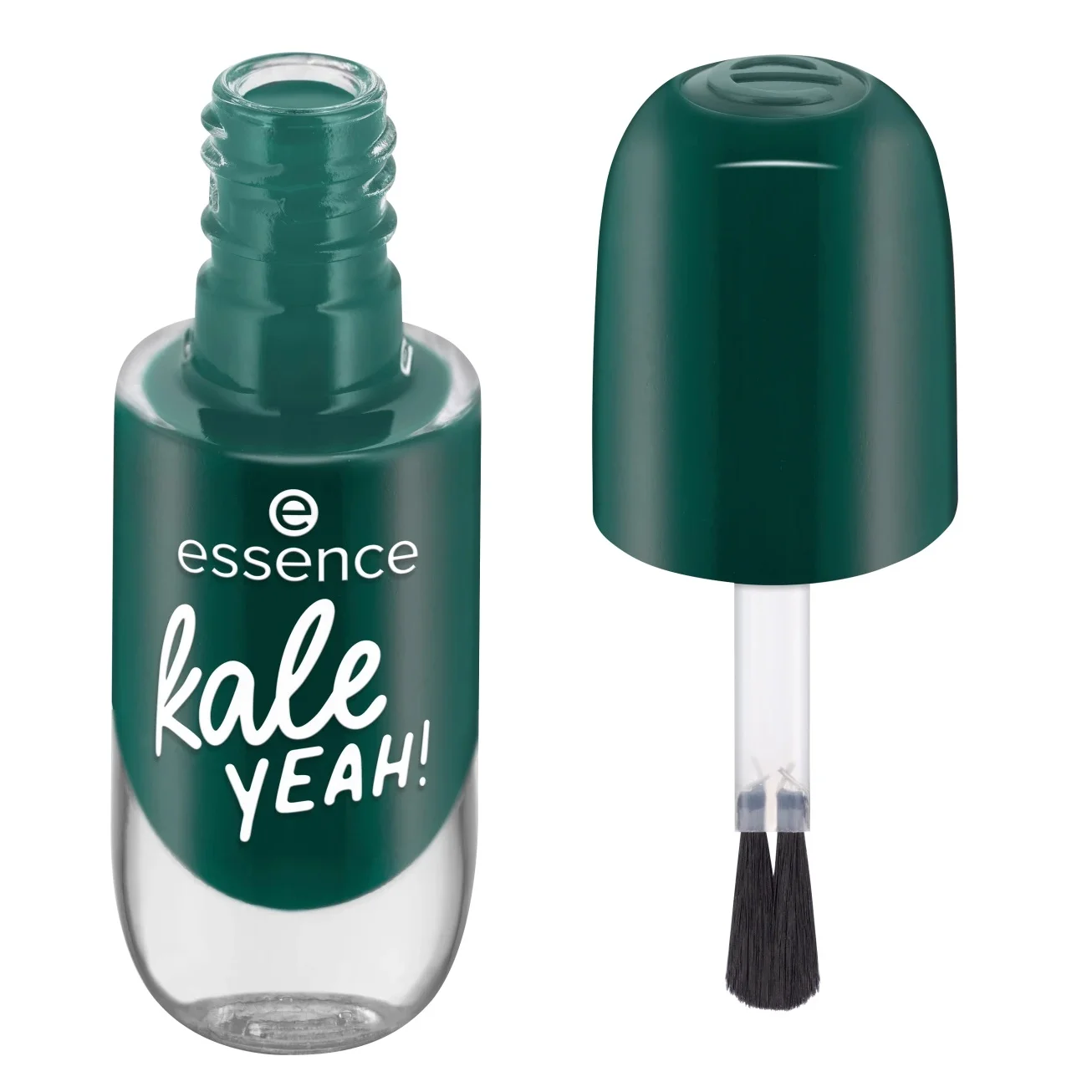 Flacon de vernis à ongles vert étiqueté « Essence Cosmetics Vernis à Ongles 60 Kale Yeah 8 ml »