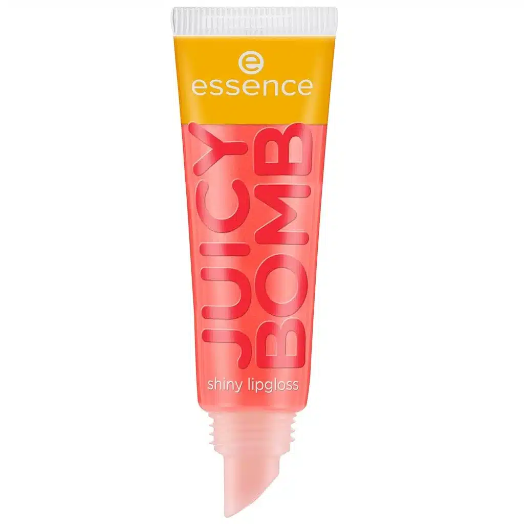 Tube de Essence Cosmetics Juicy Bomb Shiny Lipgloss 103 Proud Papaya 10ml avec un bouchon jaune et un corps rose-orange