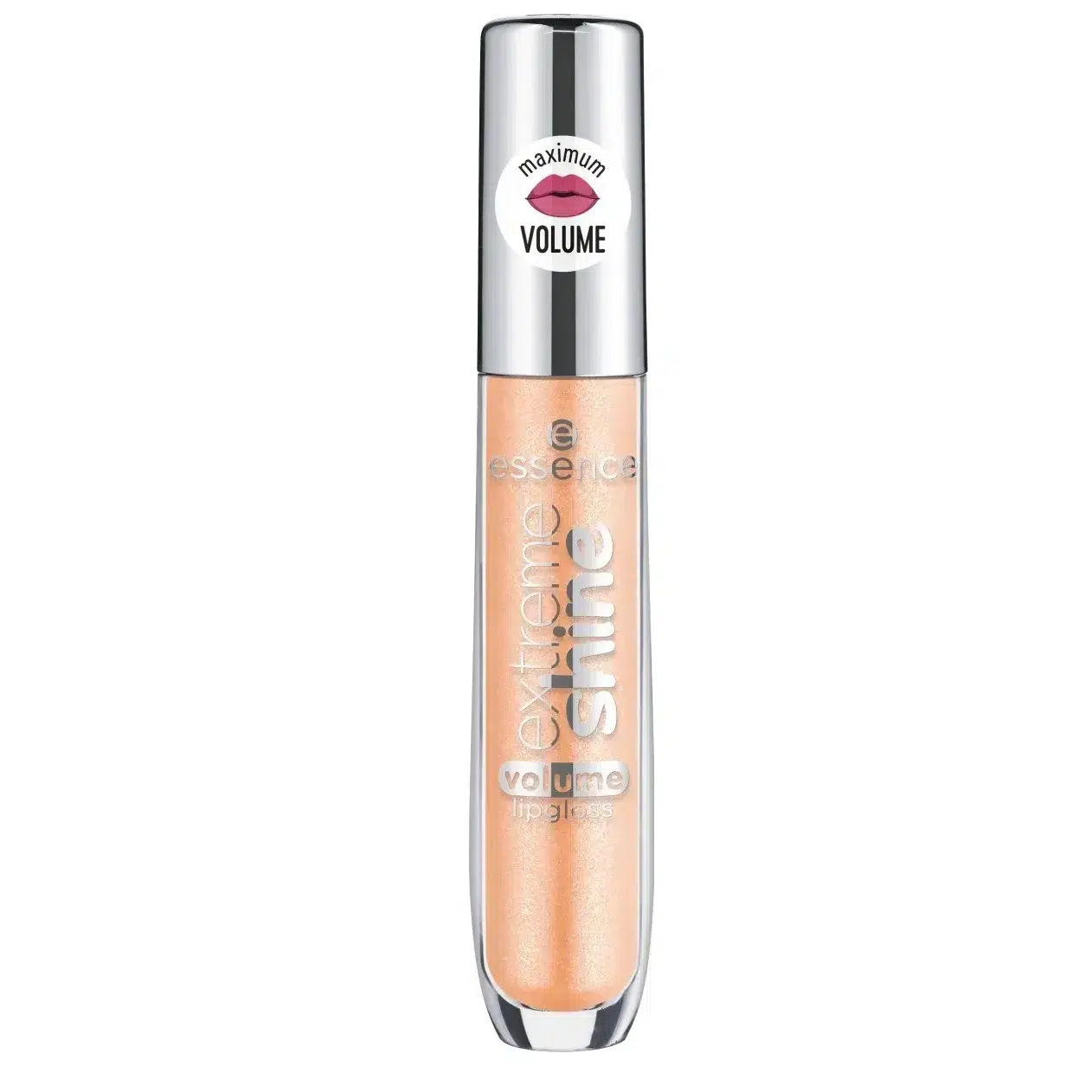 Un tube de « Essence Cosmetics Lipgloss Extreme Shine Volume 08 Gold Dust » dans une teinte pêche chatoyante conçue pour un volume maximal.