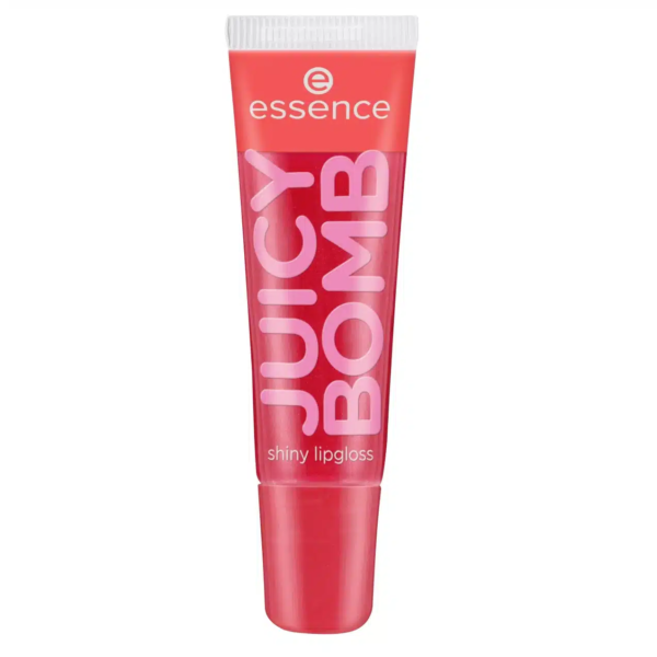 Un tube de brillant à lèvres Essence Juicy Bomb Brillant à Lèvres Brillant 104 Poppin Grenade d'une couleur rouge-orange vibrante