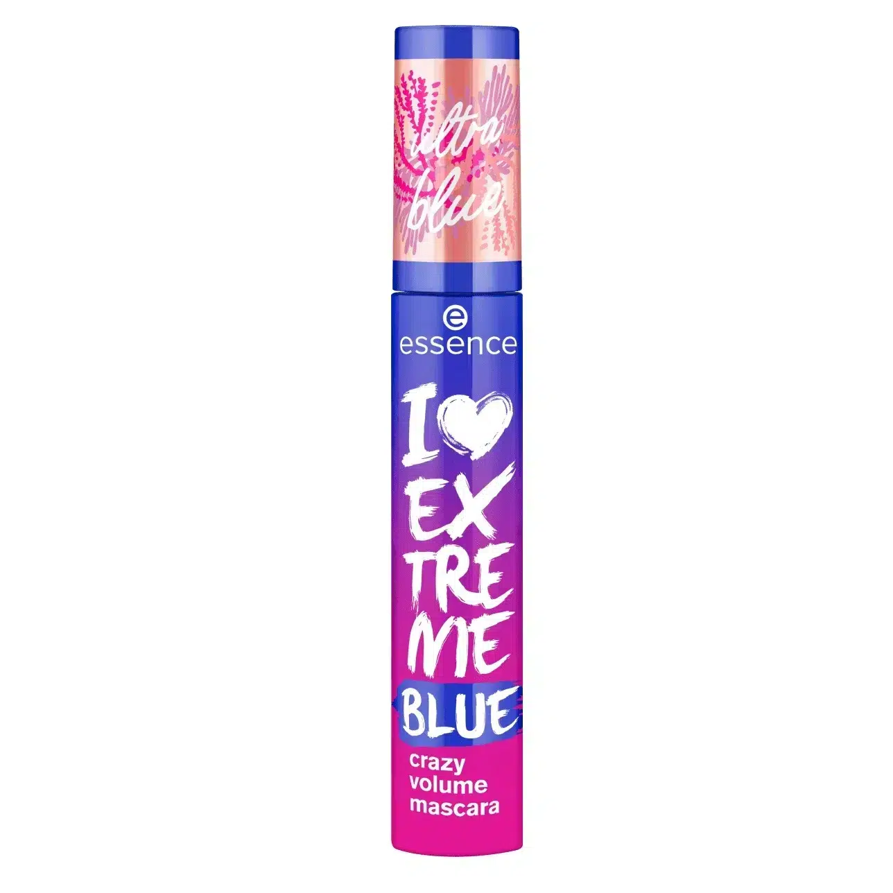 Le mascara Essence Cosmetics Noir I love Extrême Crazy Volume Blue 12 ml présente un emballage rose et bleu avec le texte « mascara crazy volume ».