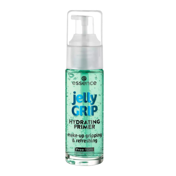 Un flacon transparent de Essence Cosmetics Jelly Grip Base Maquillage Hydratant et Rafraîchissant 29 ml avec un distributeur à pompe