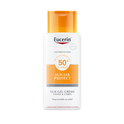 Un flacon d'Eucerin Sun Protection - Sun Leb Protect Crème-Gel Solaire SPF 50 - Visage et Corps