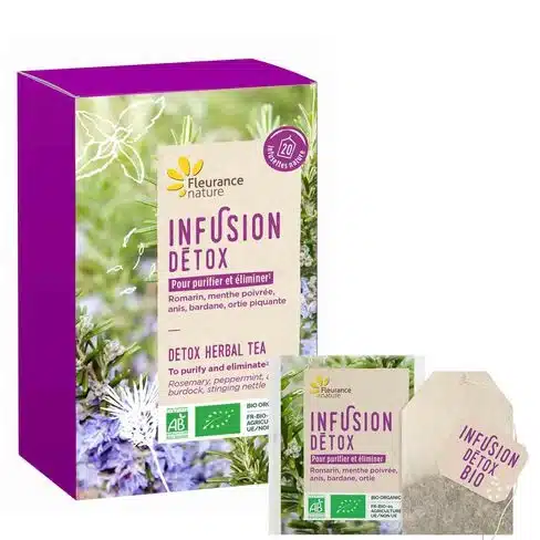 Un coffret Fleurance Nature Infusion Détox Purifiant Bio 20 Sachets avec un sachet de thé présenté devant