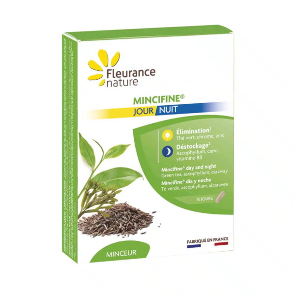 Coffret de compléments alimentaires Fleurance Nature Mincifine jour et nuit, comprenant 30 gélules d'origine marine. L'emballage vert et blanc, agrémenté d'images de feuilles et de graines, évoque une élégance naturelle proche des étals animés du marché de Dakar. Fabriqué en France pour un traitement de 15 jours. Dakar