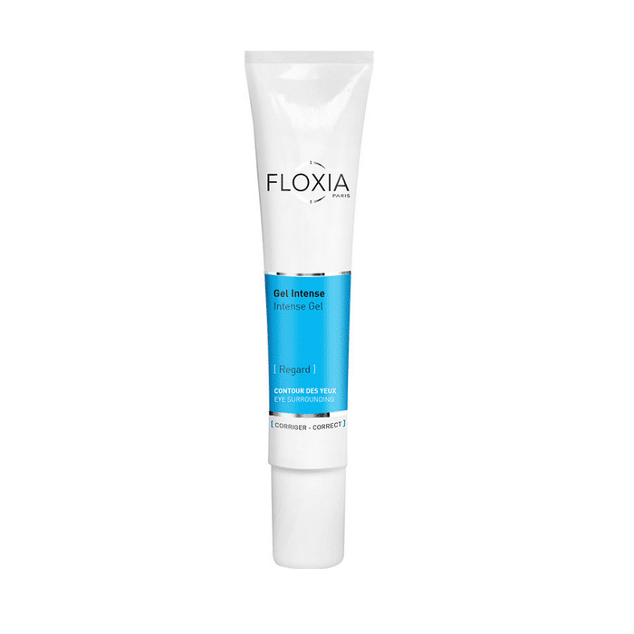 Un tube de Floxia Gel Intense Contour des Yeux 15 ml au packaging bleu et blanc