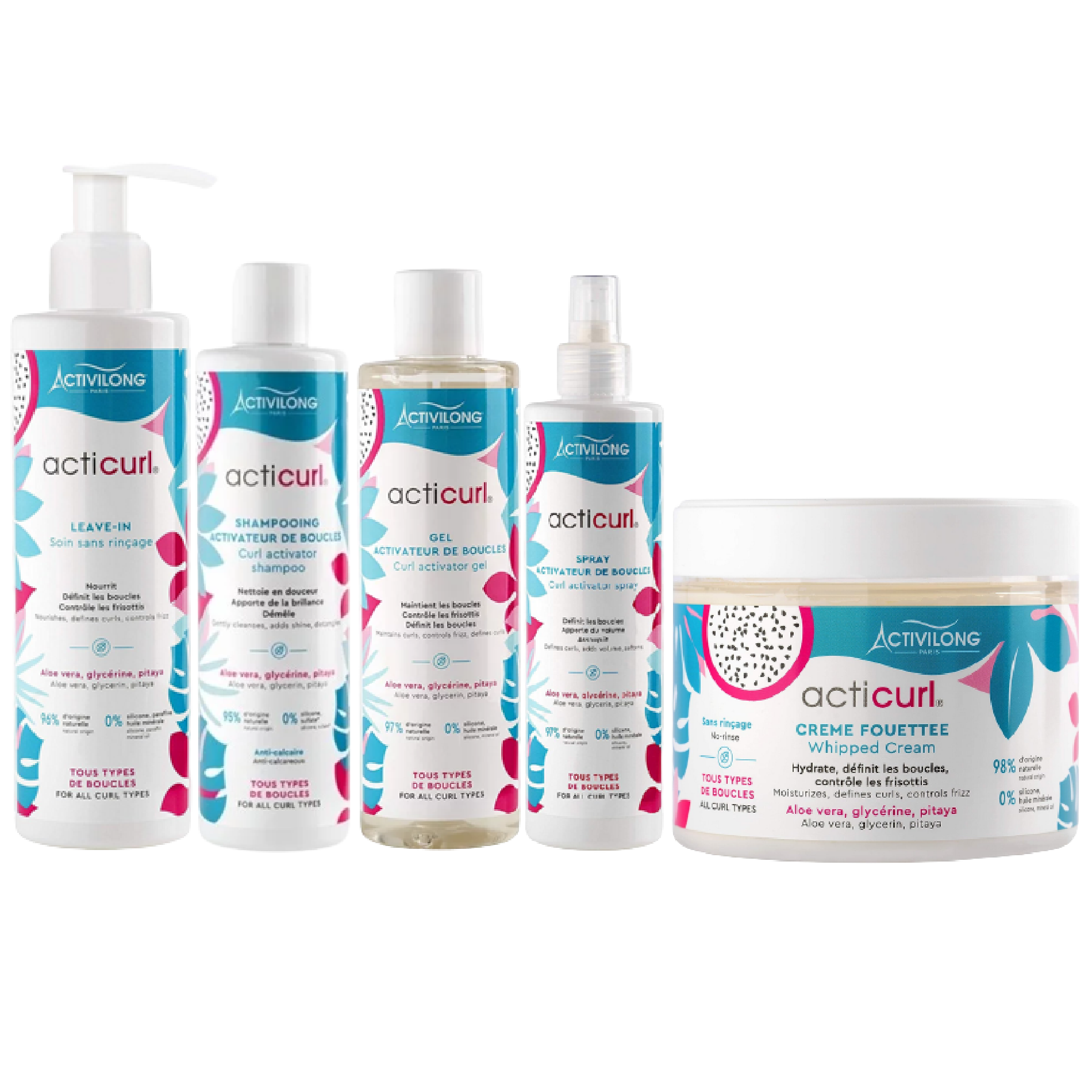 Une collection de soins capillaires Activilong Gamme Acticurl Hydratant Booster de Boucles