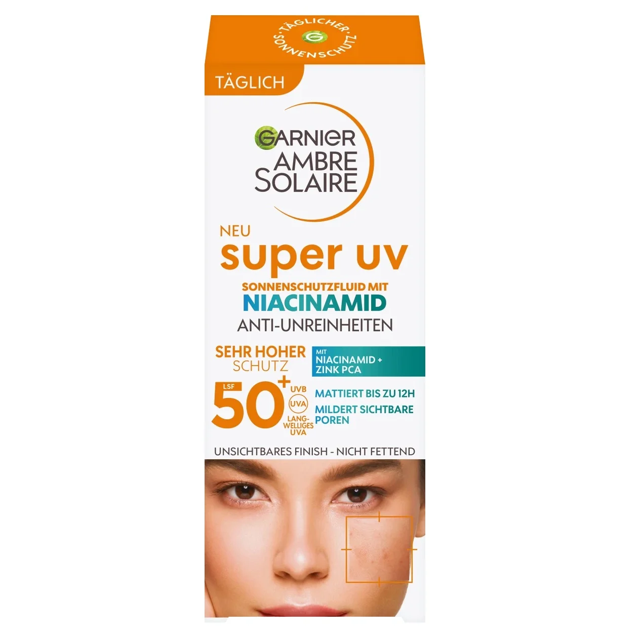 Emballage pour Garnier Fluide Solaire Spf50 Anti Imperfections Super UV 40 ml crème solaire visage avec niacinamide et formule anti-imperfections. dakar