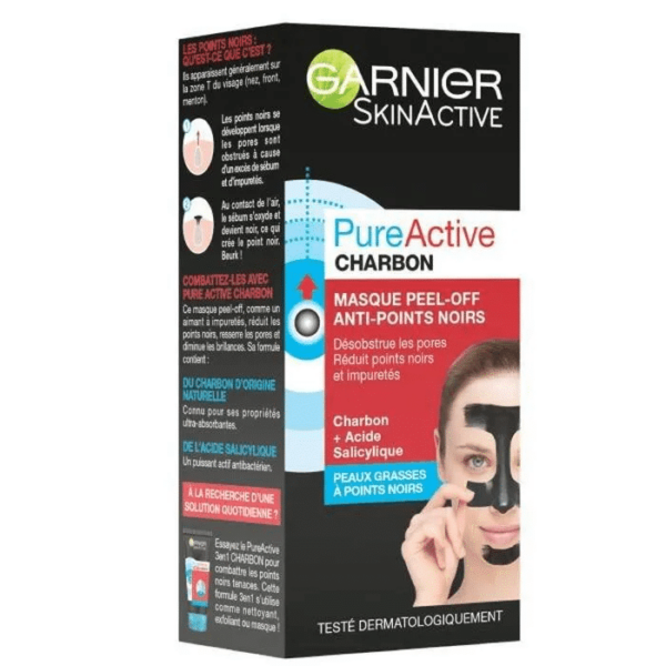 GARNIER Masque Peel-Off Anti-Points Noirs - Charbon Actif Pur 50 ml. L'emballage est principalement noir avec des touches de blanc, de rouge et de bleu, incarnant l'énergie dynamique qui rappelle les rues animées de Dakar, avec des détails sur le produit et une illustration de quelqu'un qui applique le masque. Dakar