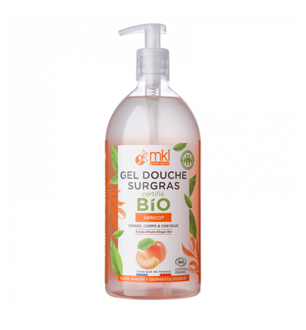 Une bouteille de MKL Gel douche certifié BIO - Abricot 1L avec distributeur à pompe