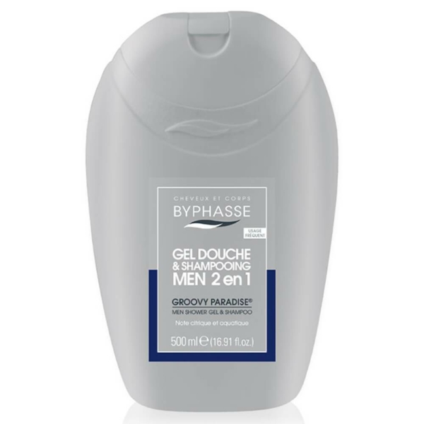 Le Gel douche-shampooing 2 en 1 Homme Groovy Paradise de BYPHASSE est présenté dans un flacon gris d'une contenance de 500 ml. Conçu pour les hommes de Dakar, il offre un parfum neutre et une formule sans allergène, ce qui le rend idéal à la fois comme gel douche et comme shampoing. Dakar