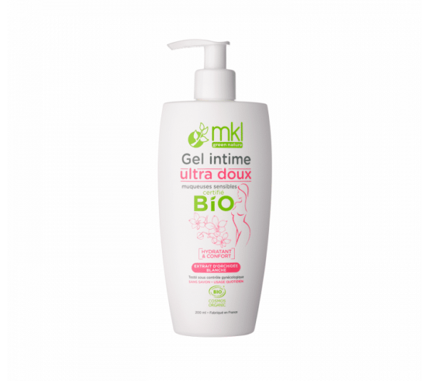 Un flacon blanc de MKL Gel Intime Ultra Doux Bio 200 ml avec un distributeur à pompe. Fabriqué à Dakar