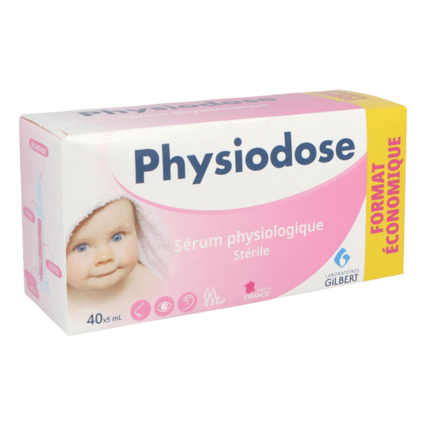 Boîte de Gilbert Physiodose Sérum Physiologique Stérile 40 x 5 ml avec une image de bébé