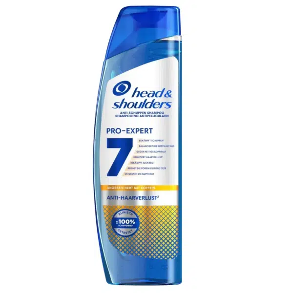 Un flacon de 250 ml de Head And Shoulders Shampooing Antipelliculaire ProExpert 7 contre les Pellicules Tenaces avec un bouchon et une étiquette bleus