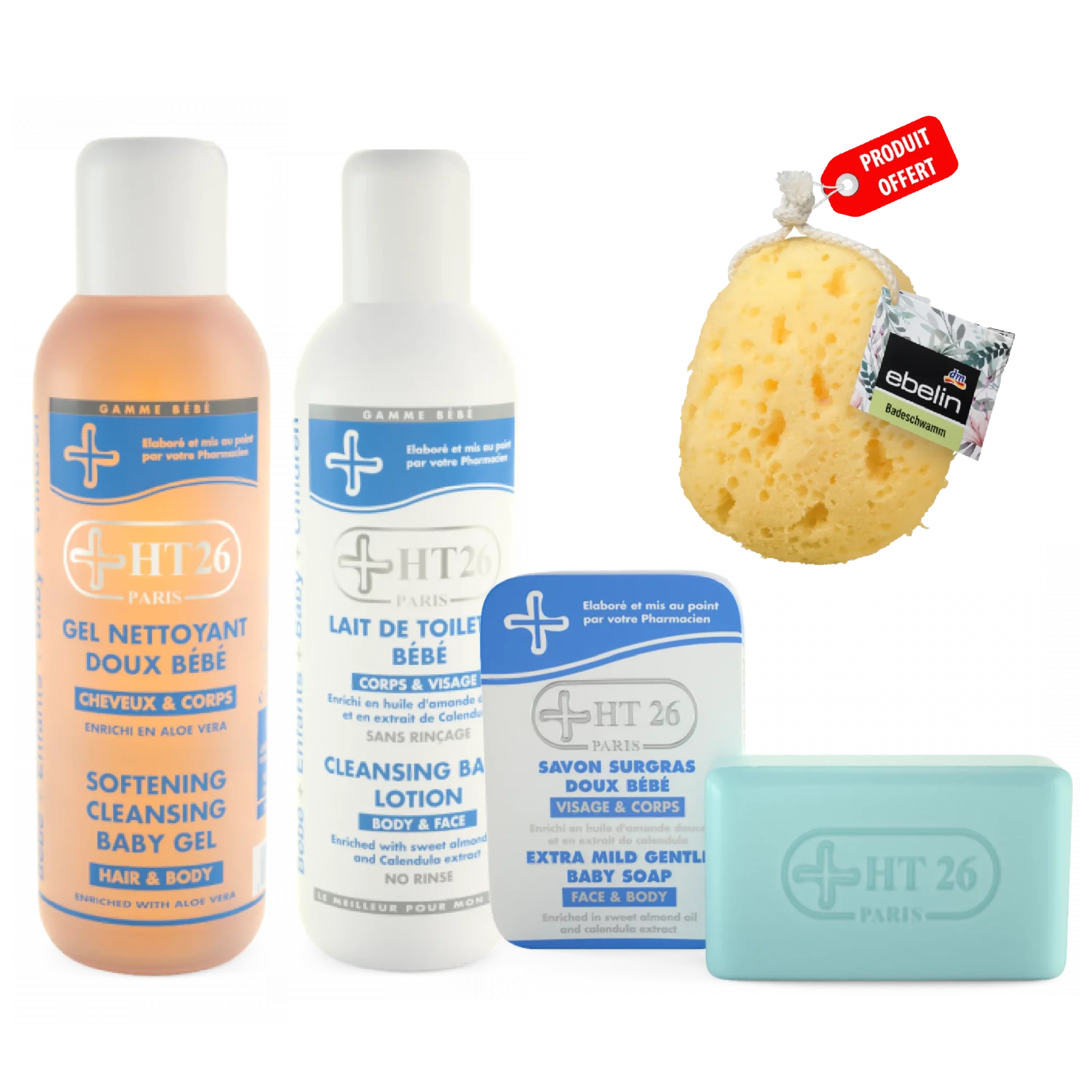 Quatre produits de soin HT26 Gamme Bébé pour le visage et le corps