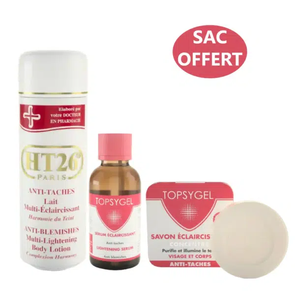 Le Trio Éclaircissant Anti Taches HT26 + Sac OFFERT comprend la lotion corporelle anti-imperfections HT26