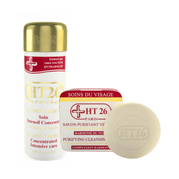 Un flacon de HT26 Paris Soin Intensif et une barre de Savon Nettoyant Purifiant HT26 Paris sur fond blanc