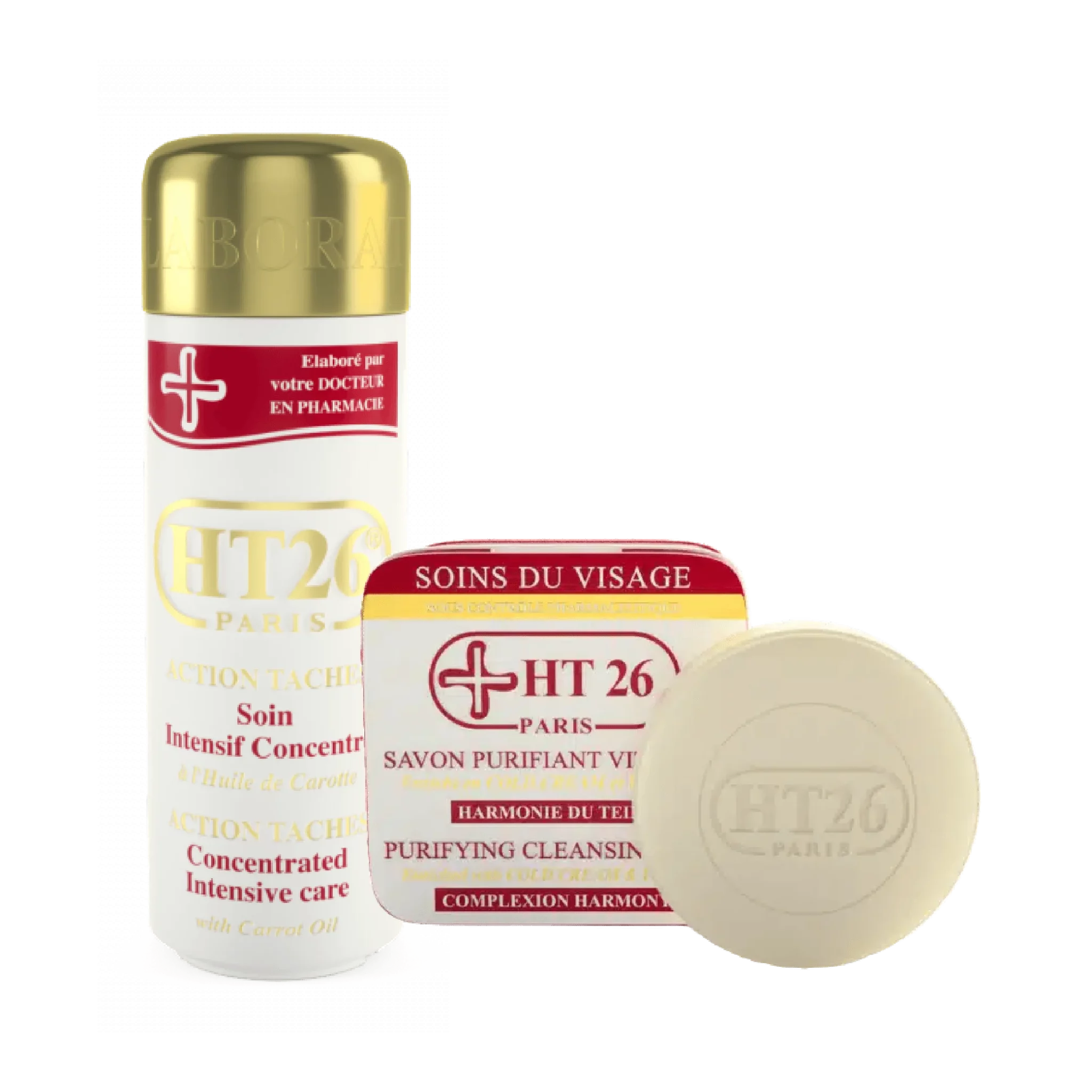 Un flacon de HT26 Paris Soin Intensif et une barre de Savon Nettoyant Purifiant HT26 Paris sur fond blanc