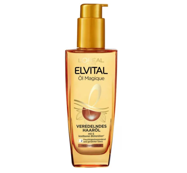 Flacon de L’Oréal Paris Elvital Huile capillaire Huile extraordinaire Cheveux secs 100 ml avec un capuchon doré et une étiquette orange mettant en valeur les principales caractéristiques. dakar