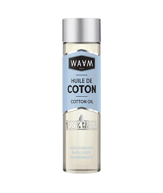 Un flacon d'Huile de Coton Waam 75 ml comportant un texte mettant en valeur sa composition en huile 100% végétale