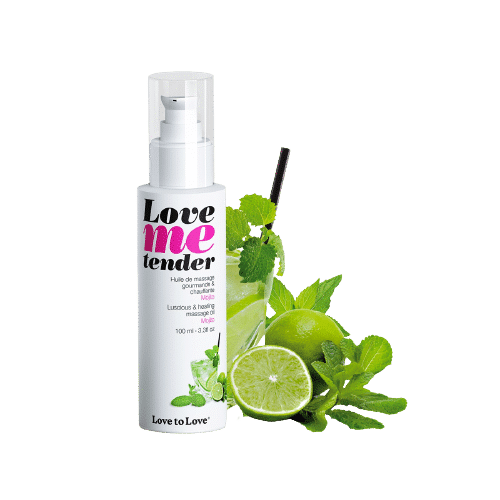 Un flacon de Love To Love Huile de Massage Gourmande Et Chauffante Mojito 100 ml d'Univers Cosmetix côtoie un citron vert