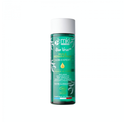 Un flacon de MKL Huile réparatrice Aloe vera certifiée BIO Anti Vergitures & Unifiant 200 ml