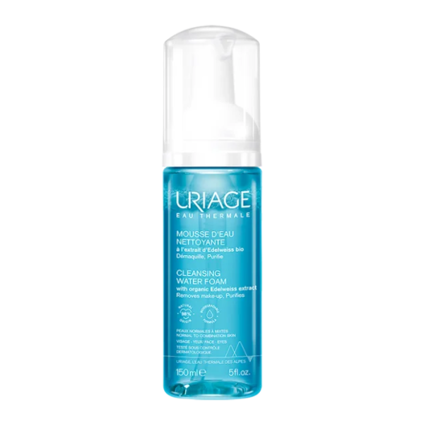 Un flacon bleu d'URIAGE MOUSSE D'EAU NETTOYANTE 150ml avec une pompe blanche