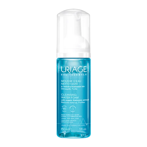 Un flacon bleu d'URIAGE MOUSSE D'EAU NETTOYANTE 150ml avec une pompe blanche