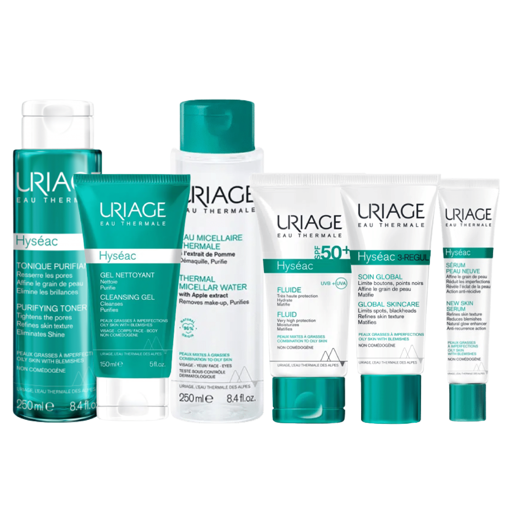 Une gamme d'Uriage Hyseac Routine Anti Boutons Et Points Noirs + Trousse OFFERT en flacons et tubes bleu sarcelle et blanc de la gamme Hyséac