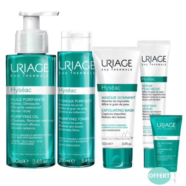 Une collection d'Uriage Hyseac Les Essentiels Pour Soins Anti Boutons Et Points Noirs + Gel Moussant 50 ml