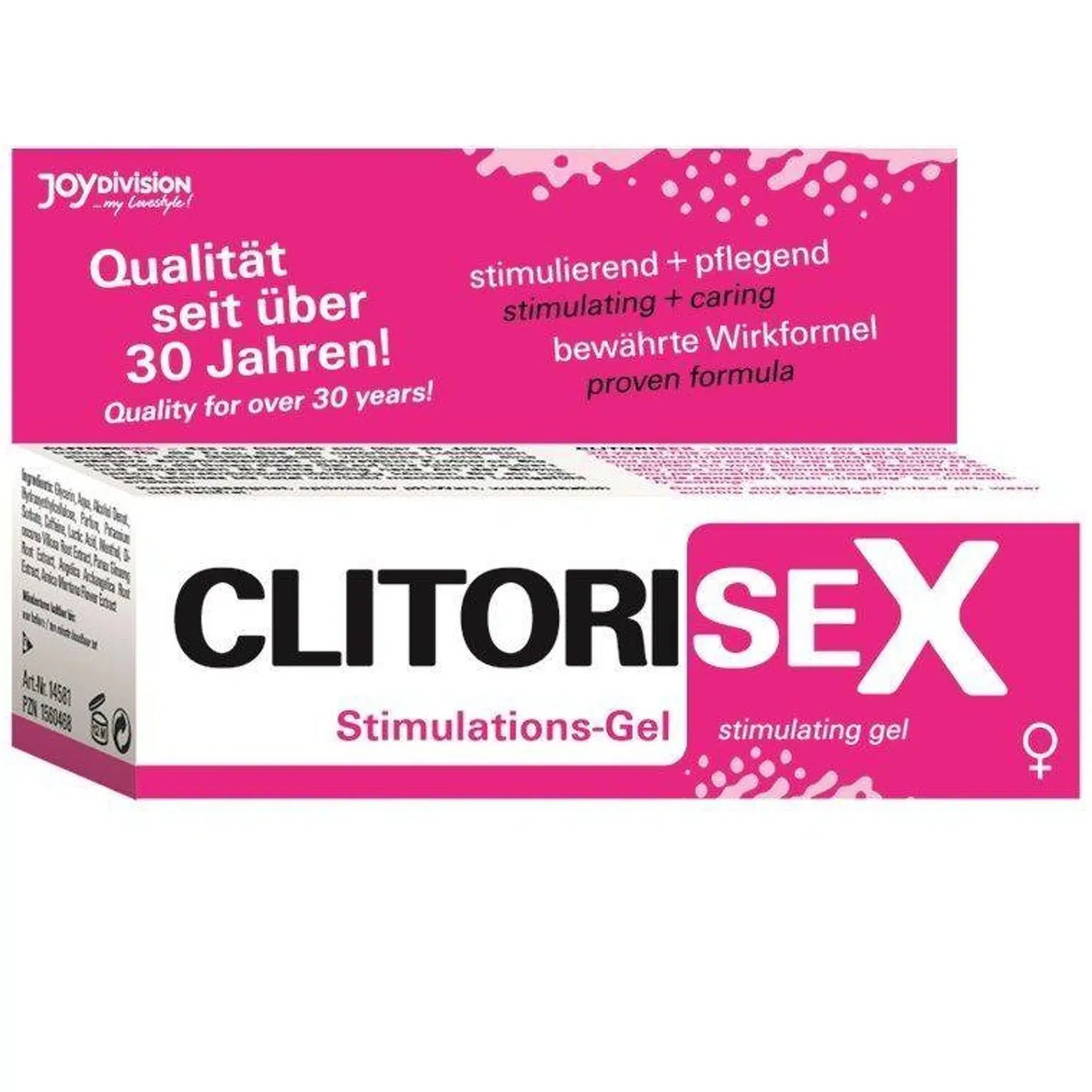 Emballage de JoyDivision Gel Stimulant pour Clitoris AQUAglide 25 ml avec texte en allemand et en anglais soulignant ses 30 ans de qualité. dakar