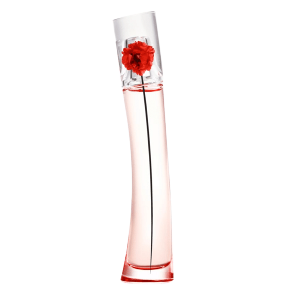 Un flacon de parfum transparent avec une base rouge