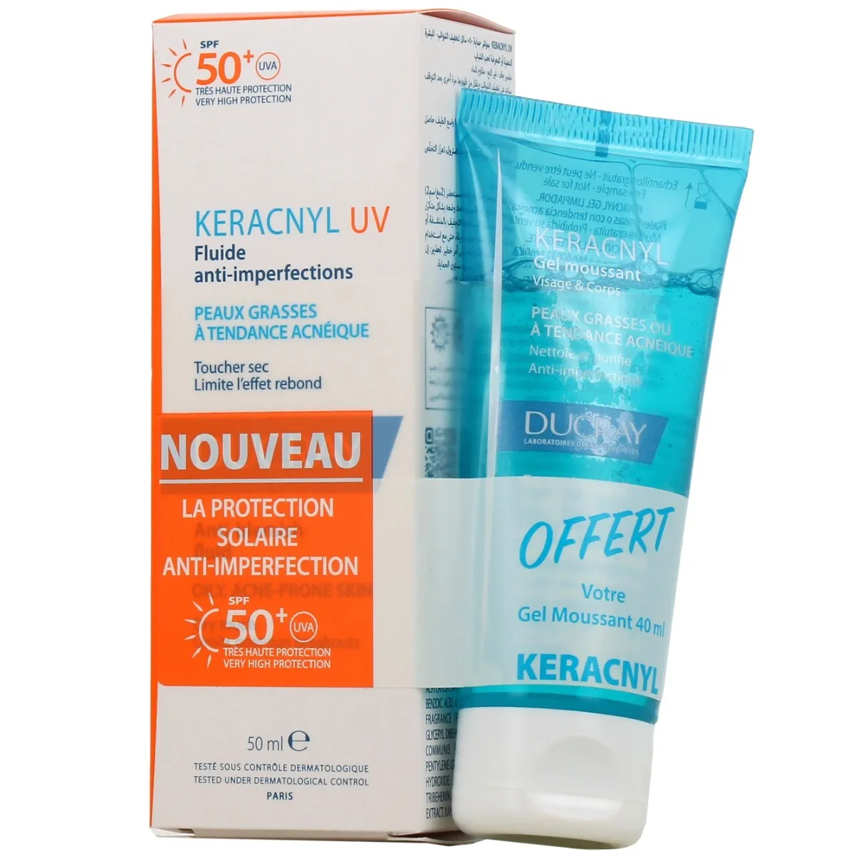 Le coffret Ducray Keracnyl comprend un tube et une boîte mettant en valeur le puissant écran solaire Fluide Anti-Imperfections SPF50+ 50 ml pour peaux grasses à tendance acnéique