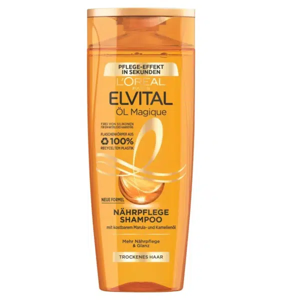 L'image montre un flacon de L'Oréal Paris Elvital Shampoing Öl Magique Soin Nourrissant Cheveux Secs 250 ml, parfait pour les cheveux secs. Son emballage orange vif met en valeur le texte allemand et français, avec une nouvelle formule et du plastique 100 % recyclé. Inspiré du charme vivant de Dakar, il revitalise vos cheveux. Dakar