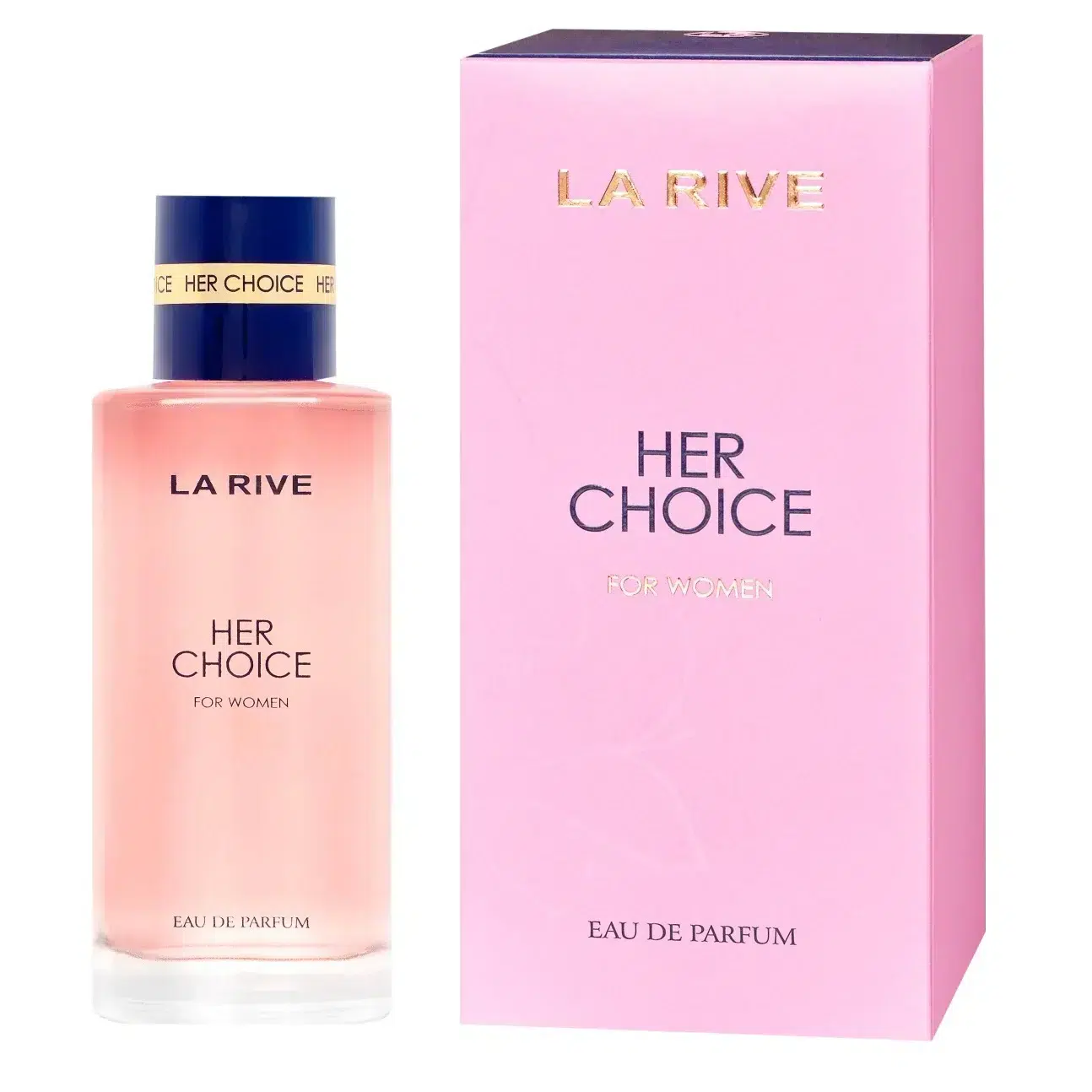 Un flacon de La Rive Eau de Parfum Her Choice 100 ml pour femme se dresse élégamment à côté de son emballage en boîte rose