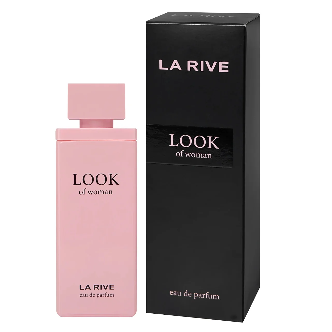 La Rive Eau de Parfum Look of Woman 75 ml dans un flacon rose éclatant à côté de son élégant emballage en boîte noire. dakar