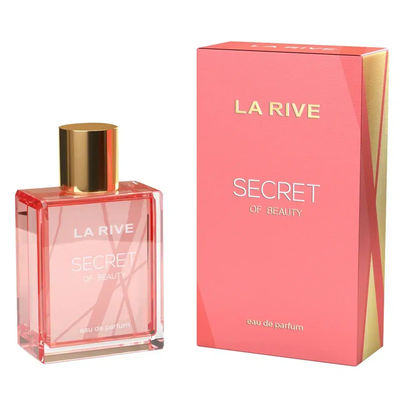 L'Eau de Parfum Secret de Beauté LA RIVE 100 ml présente un flacon de parfum et un coffret ornés de teintes roses et dorées