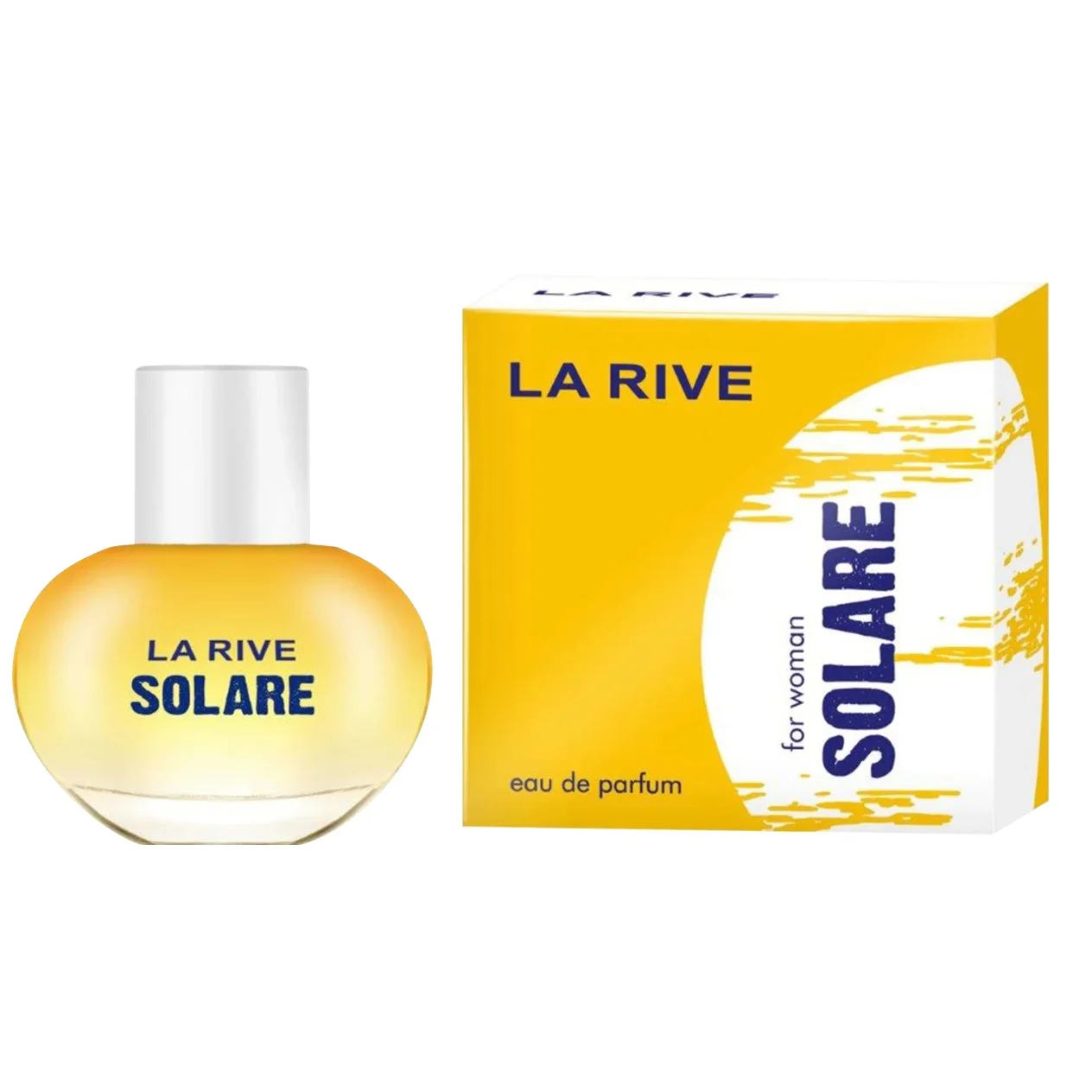 Un flacon de LA RIVE Eau de Parfum Solare pour Femme 50 ml est élégamment présenté à côté de son emballage jaune et blanc vibrant. dakar