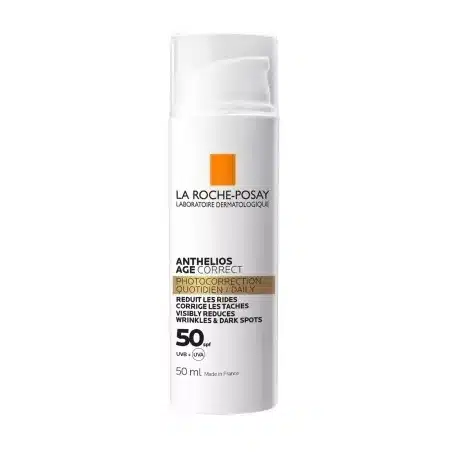 Un flacon blanc de La Roche-Posay Anthelios Age Correct Anti Rides Soin Quotidien SPF50