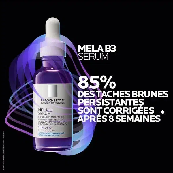 Un flacon de La Roche-Posay Mela B3 Sérum Concentré Anti Taches 30 ml présente un texte français soulignant les bienfaits impressionnants pour la peau