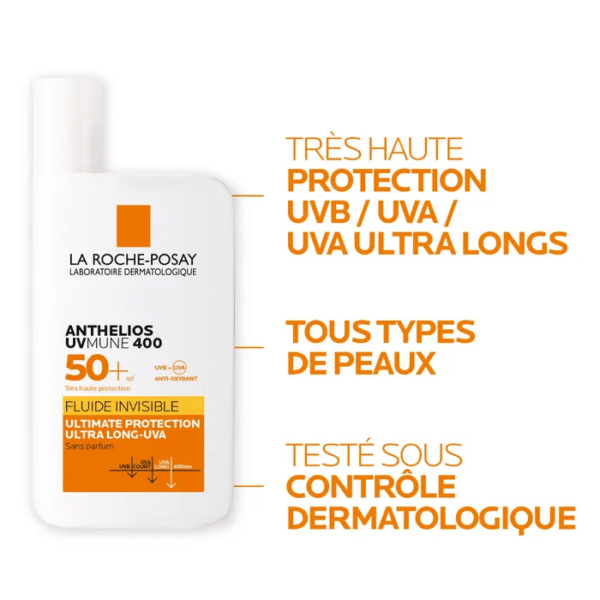 Le produit présenté est un flacon de La Roche-Posay Anthelios UVMUNE 400 Fluide Invisible SPF50+ 50 ml Sans Parfum. Il offre une protection SPF 50+, convient à tous les types de peau et a été testé dermatologiquement. La description met en avant sa protection UV supérieure et sa formule fluide invisible légère. Dakar