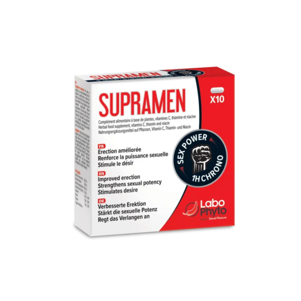 Coffret de compléments Labophyto Supramen Renforce Érection et Performance 10 Gélules pour la puissance sexuelle avec emballage rouge et blanc et informations sur le produit en plusieurs langues.