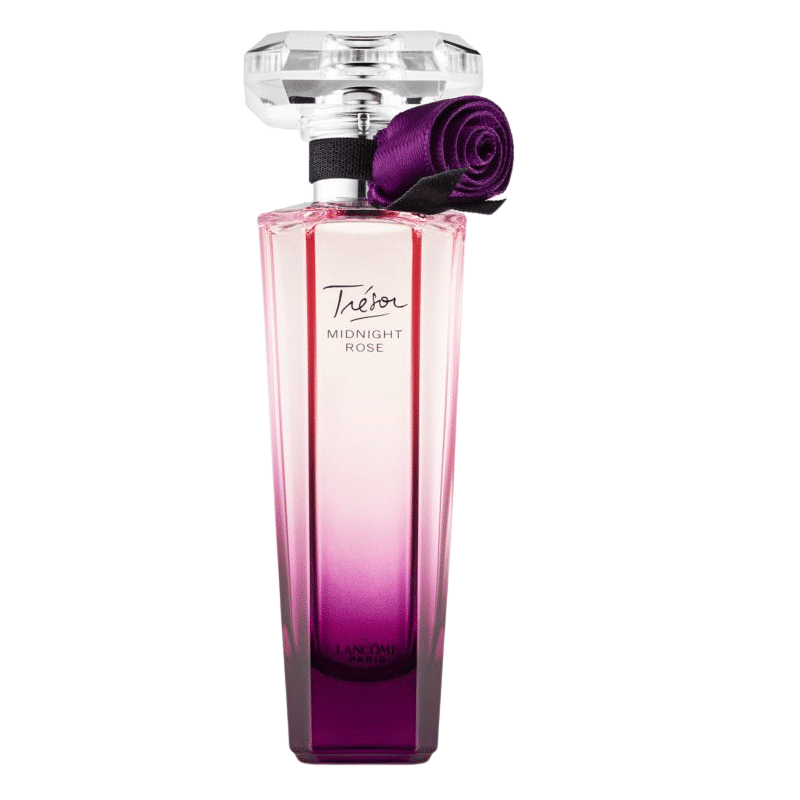 Un flacon en verre de Lancôme Trésor Midnight Rose Eau de Parfum pour femme 30 ml avec un dégradé violet et un ruban violet enroulé autour du cou se distingue par sa qualité