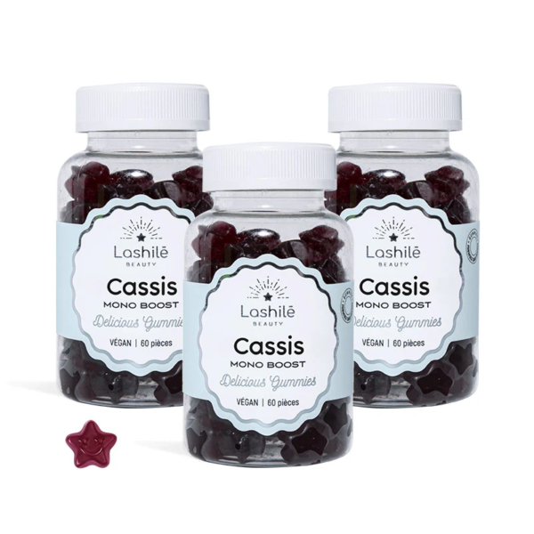 Trois bouteilles de gummies vegan LASHILE BEAUTY Cassis 60 pièces Mono Boost