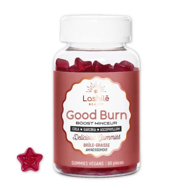 Une bouteille de gummies LASHILE BEAUTY Good Burn Boost Minceur Brûle Graisse 60 pièces avec un gummi souriant en forme d'étoile à côté.