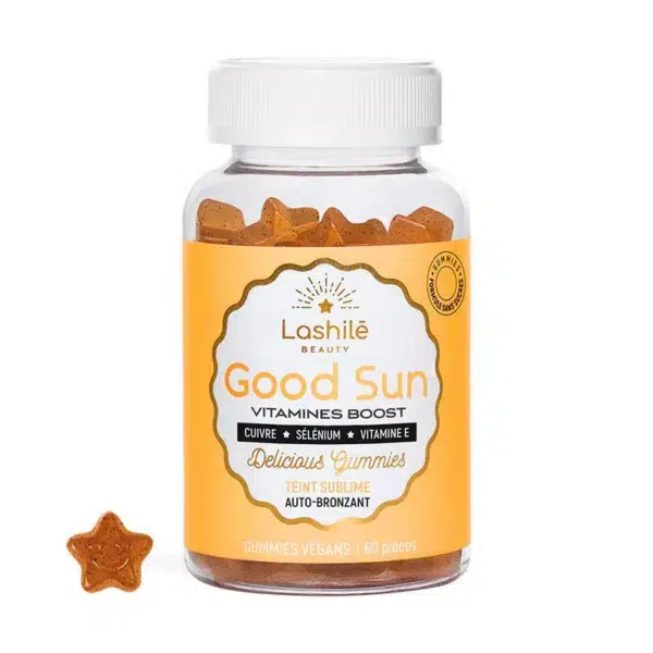 Flacon de LASHILES BEAUTY Good Sun Auto Bronzant Teint Sublime 60 pièces vitaminées avec gummies en forme d'étoile